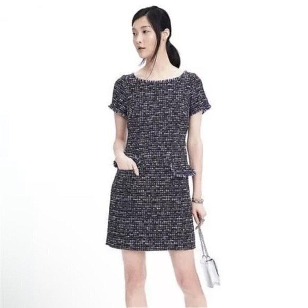 Banana Republic Black Blue Tweed Fringe Short Sleeve Wide Neck Shift Dress Sz 0